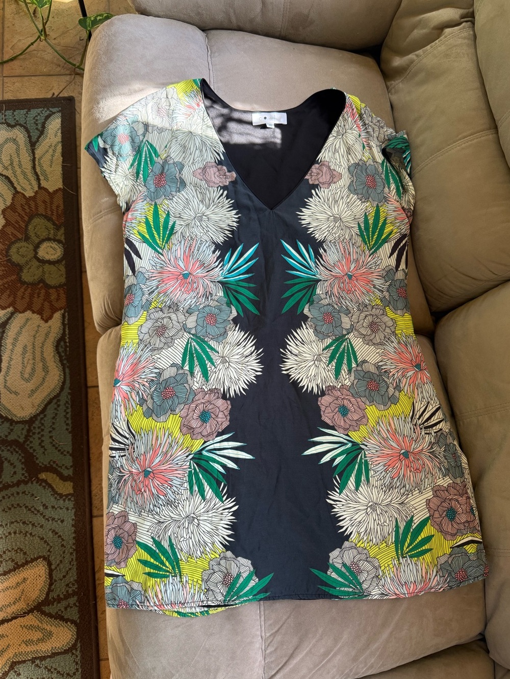 Vintage Floral Mini Dress — Black with Teal, Yellow, Coral & Cream Accents
